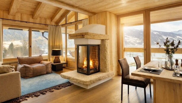 Ein gemütliches Zimmer mit Kamin, Holzmöbeln und großen Fenstern mit Blick auf die Berge.