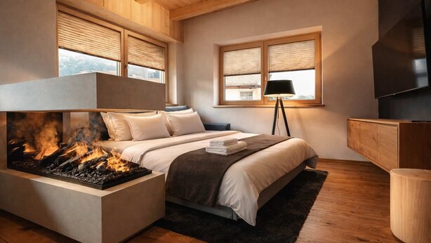 A modern bedroom with a fireplace, a bed, a desk, and a TV. - ViVaZILARE – Design Loft with Terrace (Fügen)
