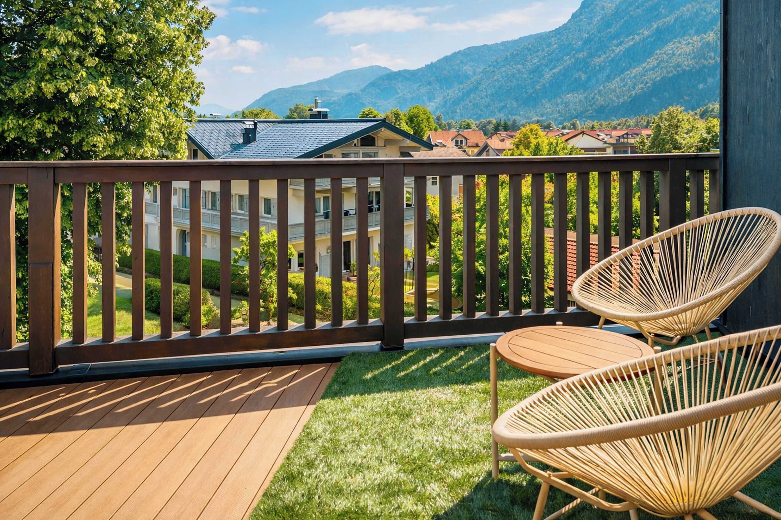 A balcony with a wooden railing, two wicker chairs, and a view of a mountainous landscape.