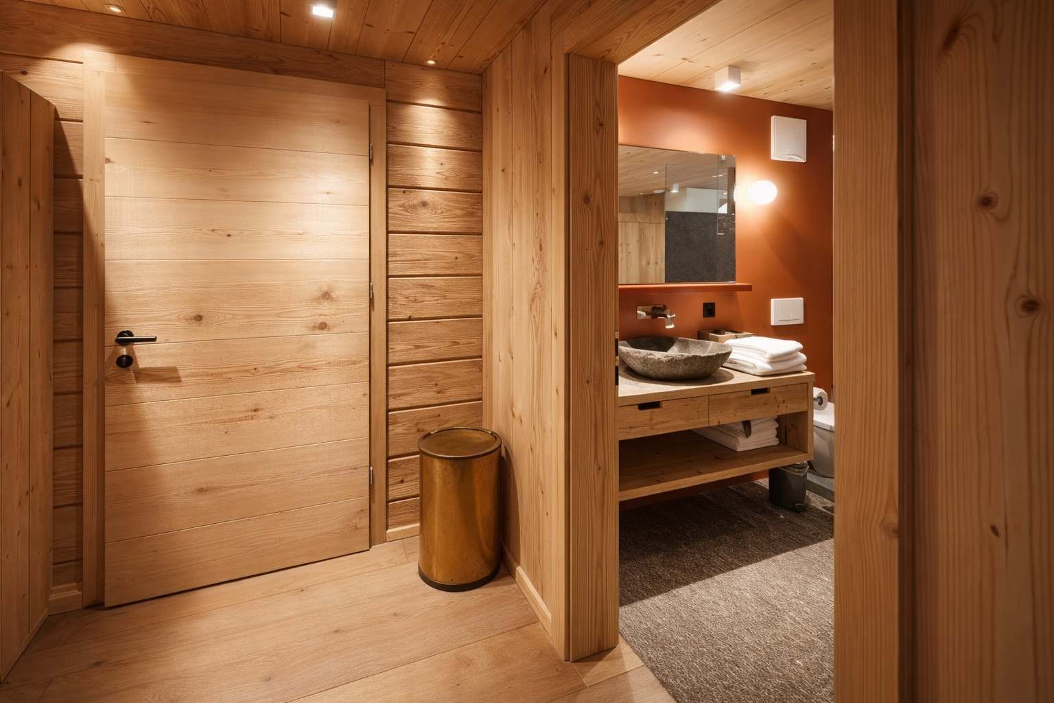 A wooden interior with a sliding door, a sink, and a trash bin.