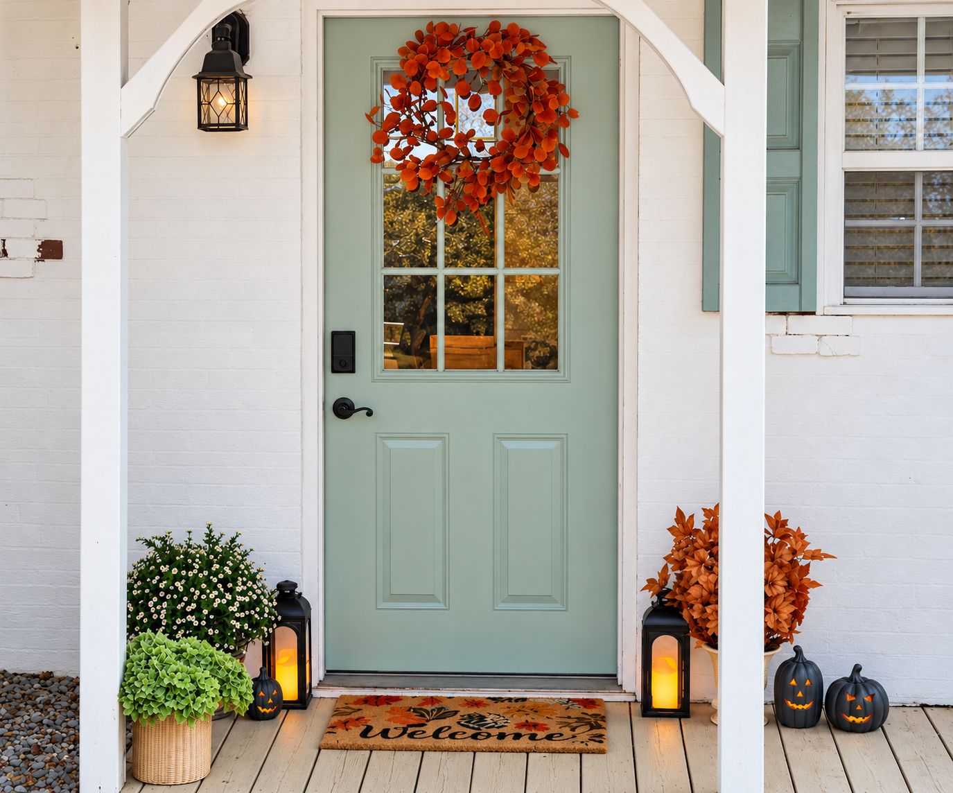 A front door with a wreath, a welcome mat, and two lanterns.