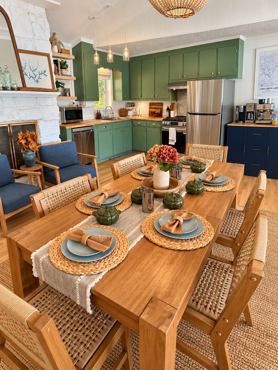 Un coin repas avec une table en bois dressée pour six personnes, entourée de chaises en osier.
