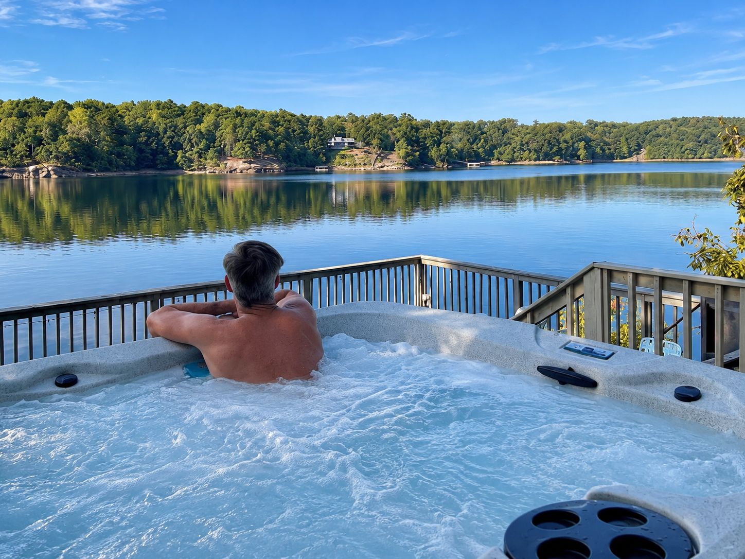 Une personne se détend dans un bain à remous avec vue sur un lac et une forêt.