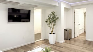 Een moderne woonkamer met een flatscreen televisie, een kamerplant en een gang die naar een badkamer leidt.