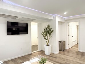 Un salon moderne avec un téléviseur à écran plat, une plante en pot et un couloir menant à une salle de bain.
