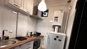 Una cocina compacta con fregadero, estufa, horno y refrigerador.