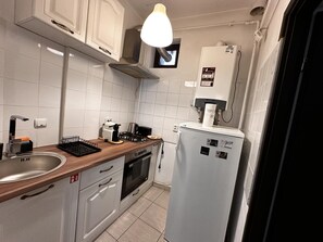 A compact kitchen with a sink, stove, oven, and a refrigerator. - Cismigiu Park Studio Apartment (Bucharest)
