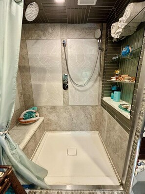 Ducha, secador de pelo, toallas y jabón