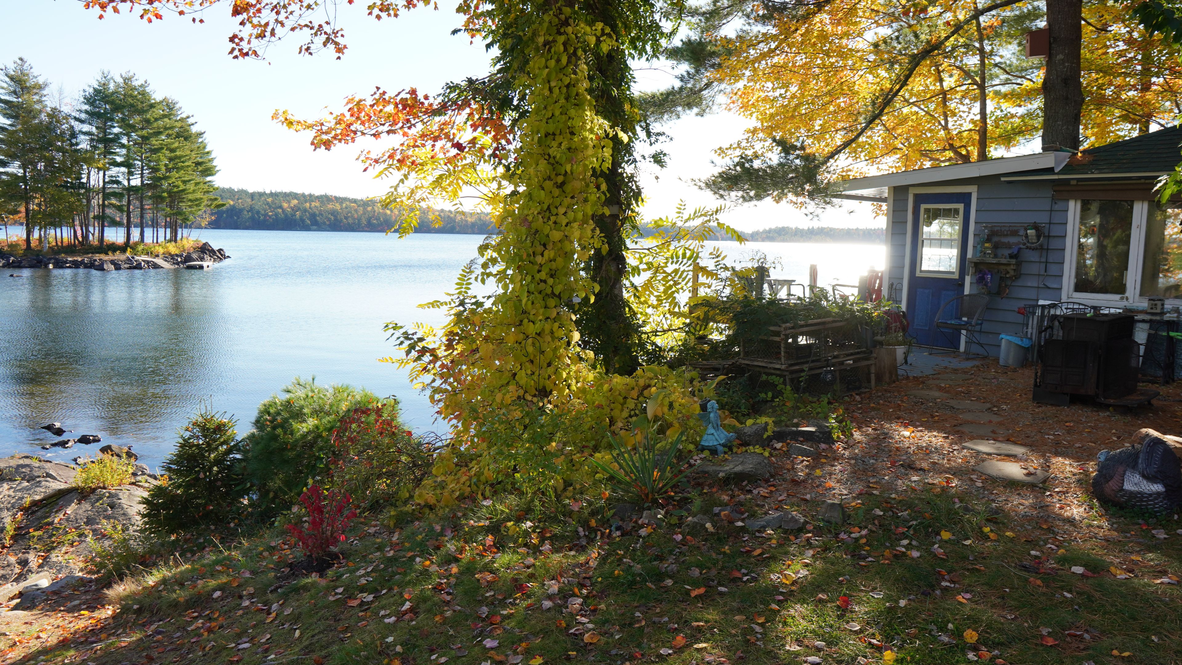 A lakeside cabin with a dock, surrounded by autumn foliage.