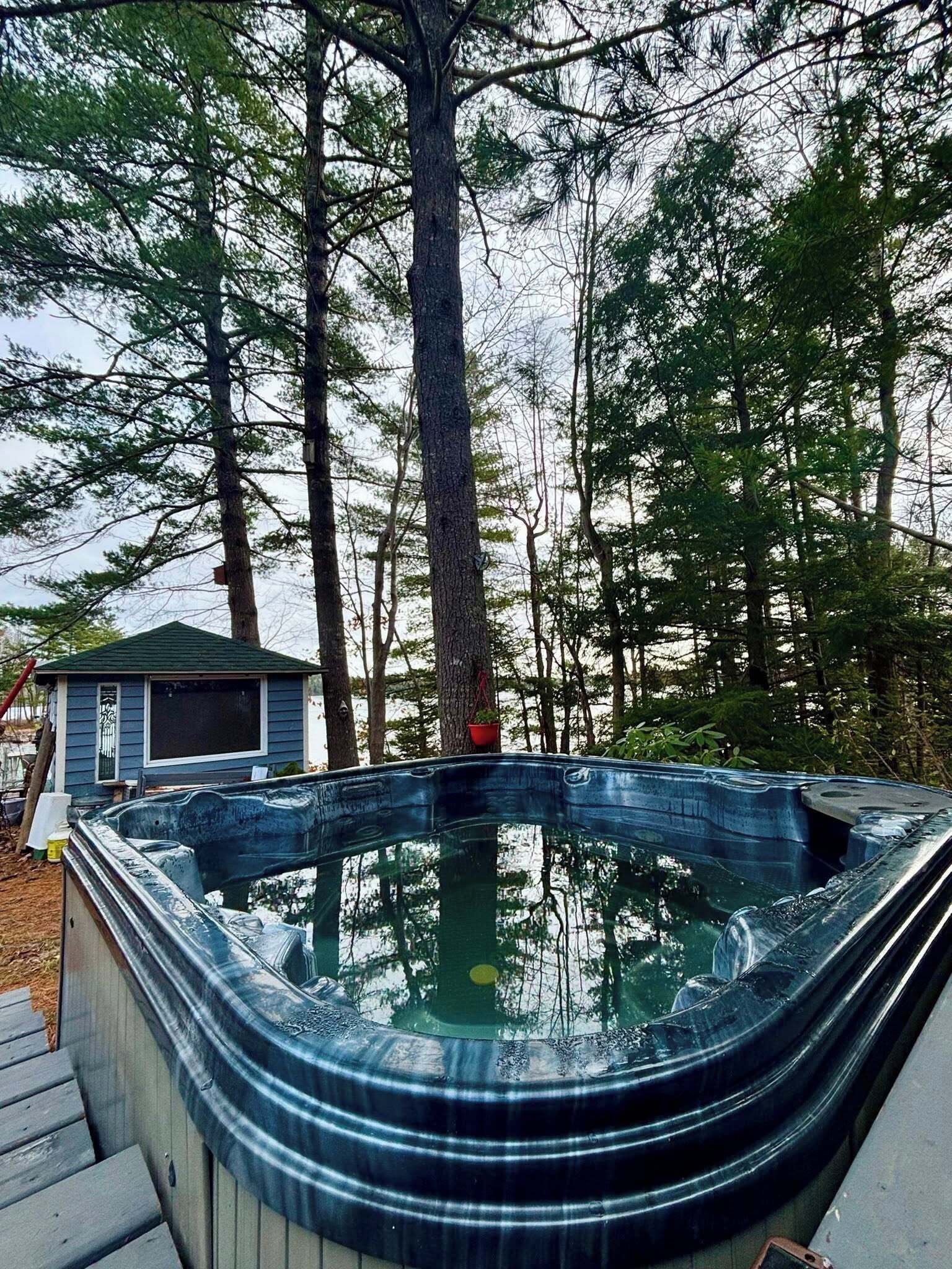 Un bain à remous entouré d’arbres, avec une maison en arrière-plan.