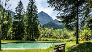 Una piscina rodeada de exuberante vegetación y montañas al fondo.