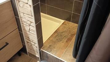 Regadera, toallas, jabón, papel de baño