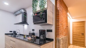 Cozinha moderna com bancada preta, eletrodomésticos de aço inoxidável e uma planta pendente.
