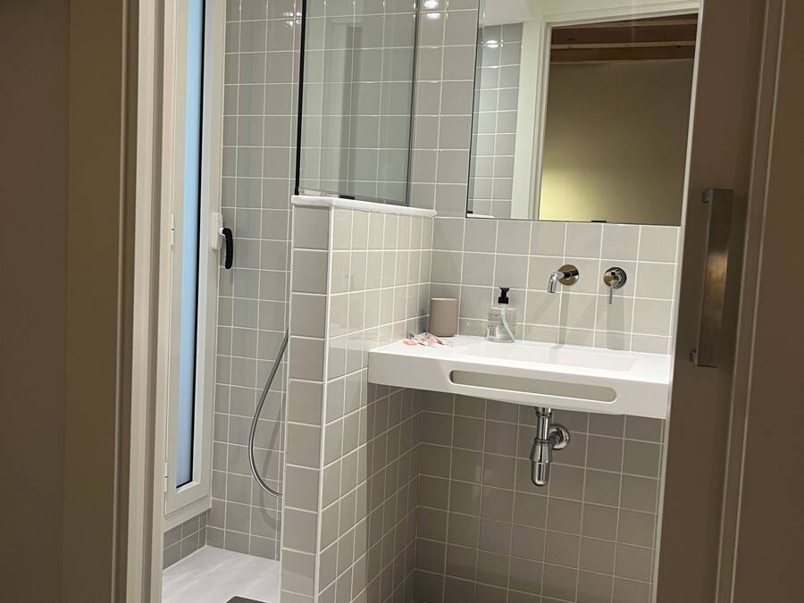 A modern bathroom with a shower, a sink, and a mirror.