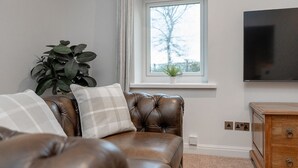 A living room with a leather sofa, a television, a window with a view of trees, and a plant on the windowsill.