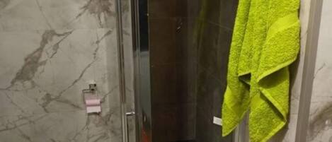 Een badkamer met een douchecabine van glas, een toilet en een handdoekrek met een handdoek.