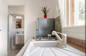 Una cocina moderna con estufa a gas, refrigerador y una planta en maceta.