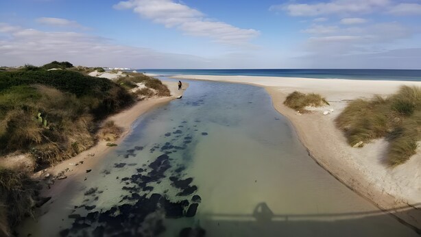 A beach with a clear water channel, sandy shores, and sparse vegetation. - Ruralholidays Experience in the Heart of Salento (Castri di Lecce)