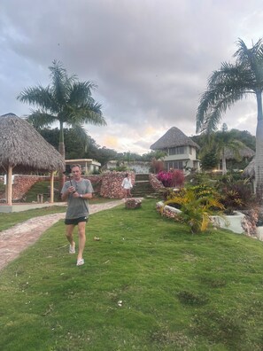 A pathway leading to a building with a thatched roof, surrounded by lush greenery and palm trees. - 6 BR, 5 Bath Private Ocean & Jungle View Villa w/Pools (Las Terrenas)
