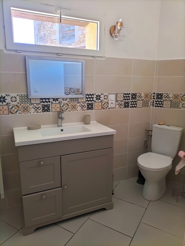 A bathroom with a sink, mirror, toilet, and patterned tiles. - Small house in a country hamlet (Coly-Saint-Amand)