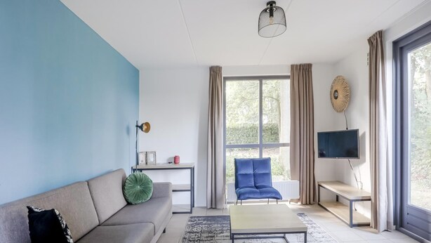 Un salon moderne avec un canapé, une table basse, un téléviseur et de grandes fenêtres.