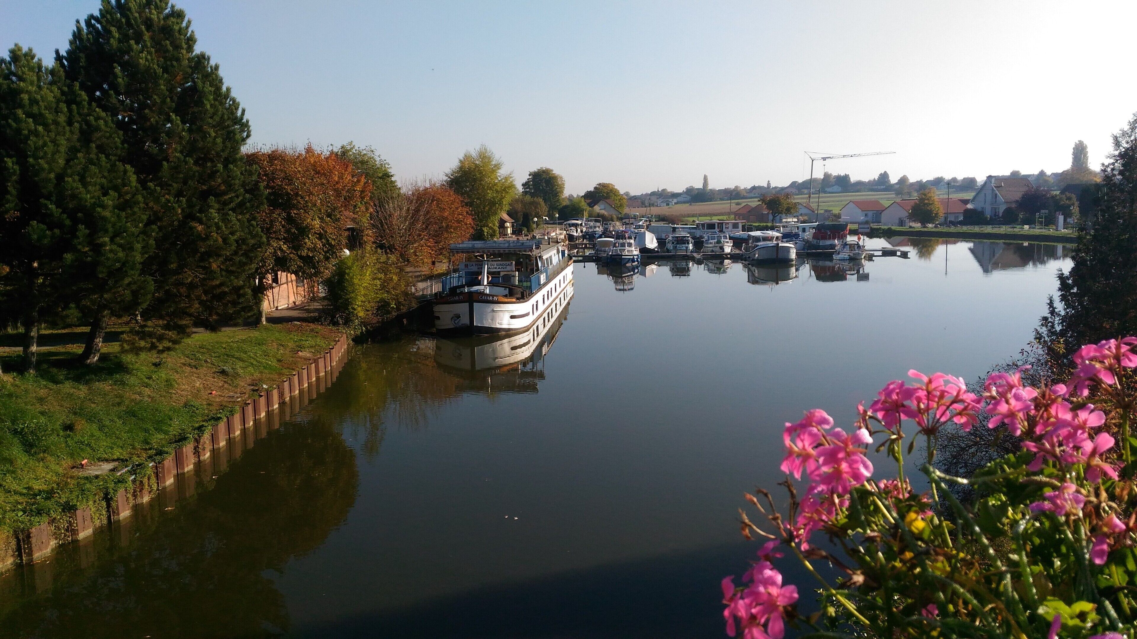 A calm river with boats docked, surrounded by trees and a clear sky.