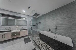 Hair dryer, towels, soap, shampoo