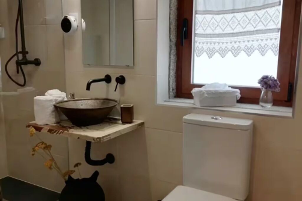 Kylpyhuone, jossa on wc, suuri pesuallas, pyyheteline ja ikkuna, josta on näkymä ulos.