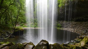 A waterfall in a forested area with a rocky foreground and a small pond. - The Mindaro, part of JdV by Hyatt (Portland)
