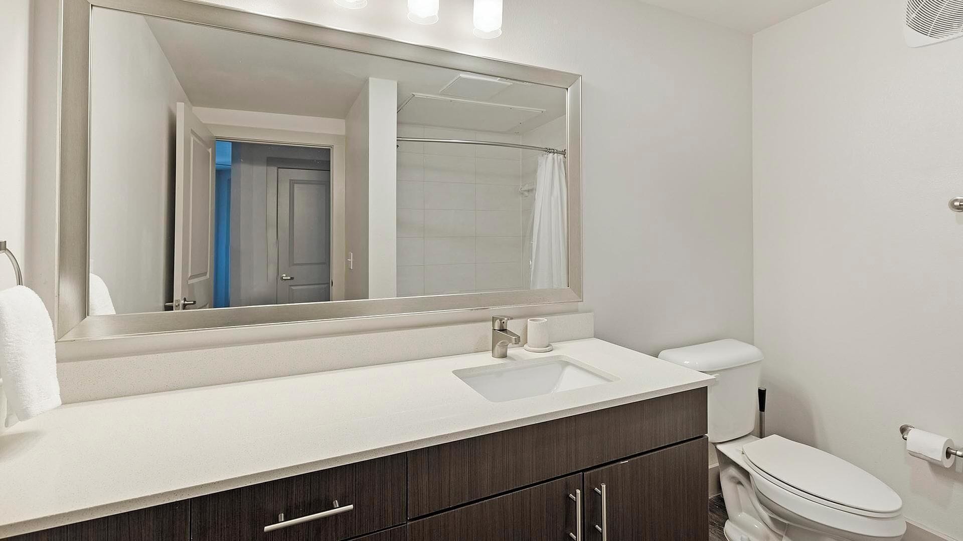 Une salle de bain avec un lavabo blanc, des meubles en bois foncé, un grand miroir et des toilettes blanches.