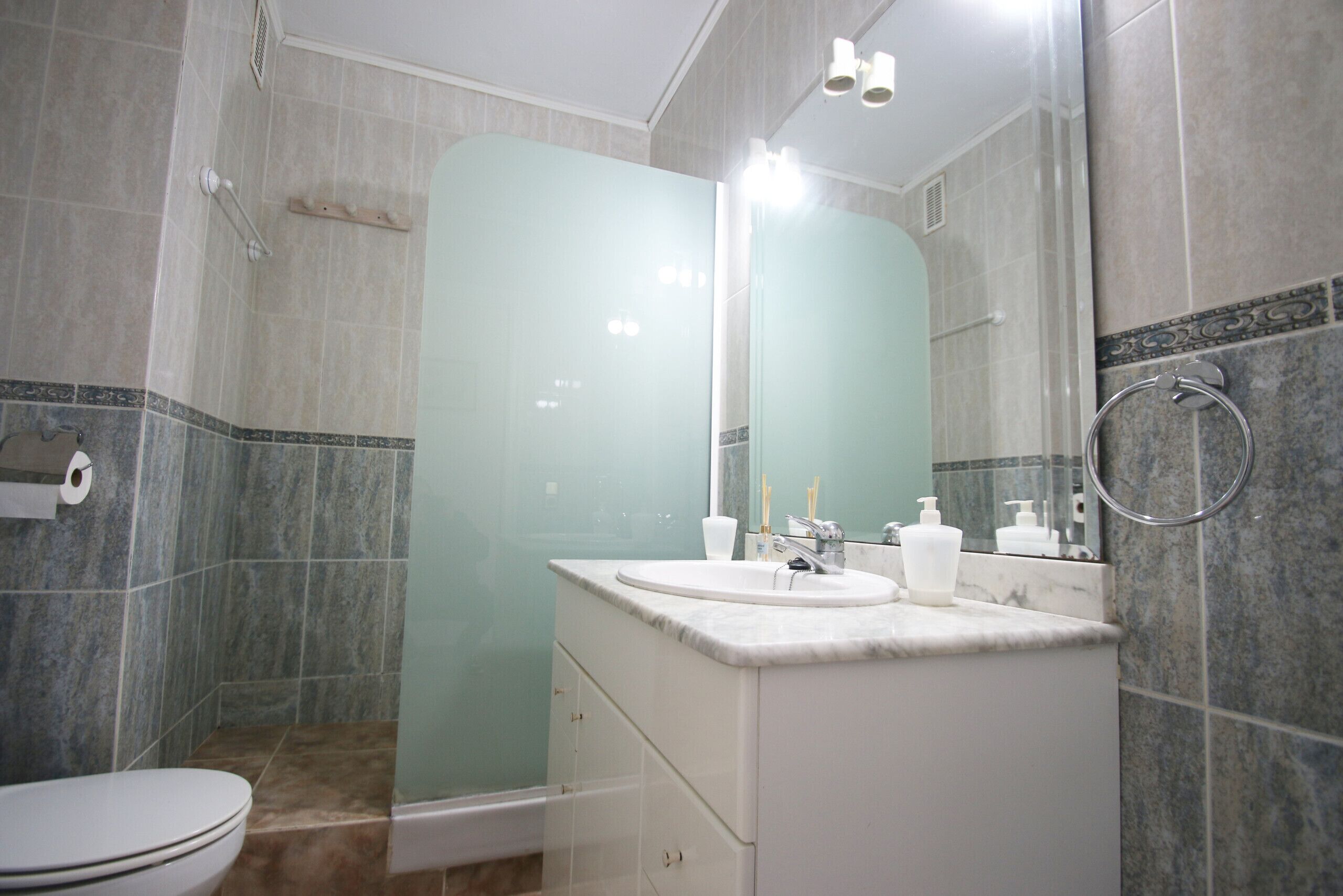 Une salle de bain comprenant des toilettes, un lavabo avec un miroir et un espace douche.