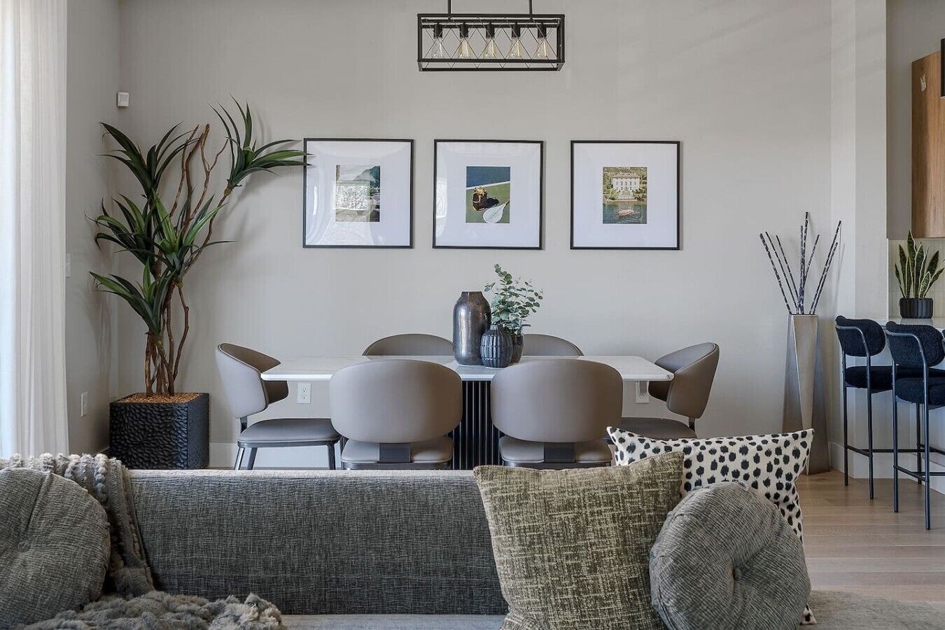 A modern dining area with a table and chairs, framed pictures on the wall, and a potted plant.