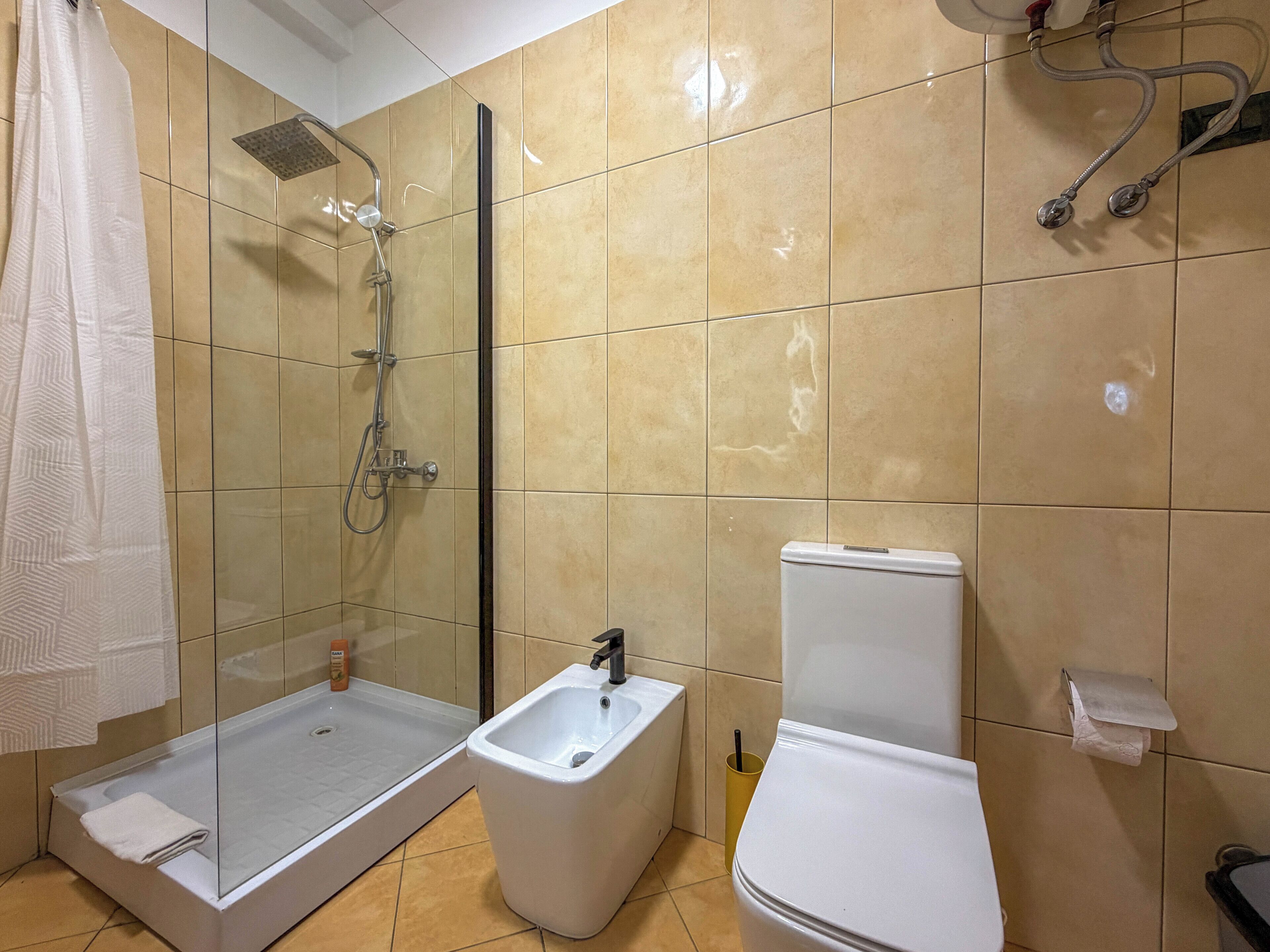 A bathroom with a glass-enclosed shower, a bidet, and a toilet.