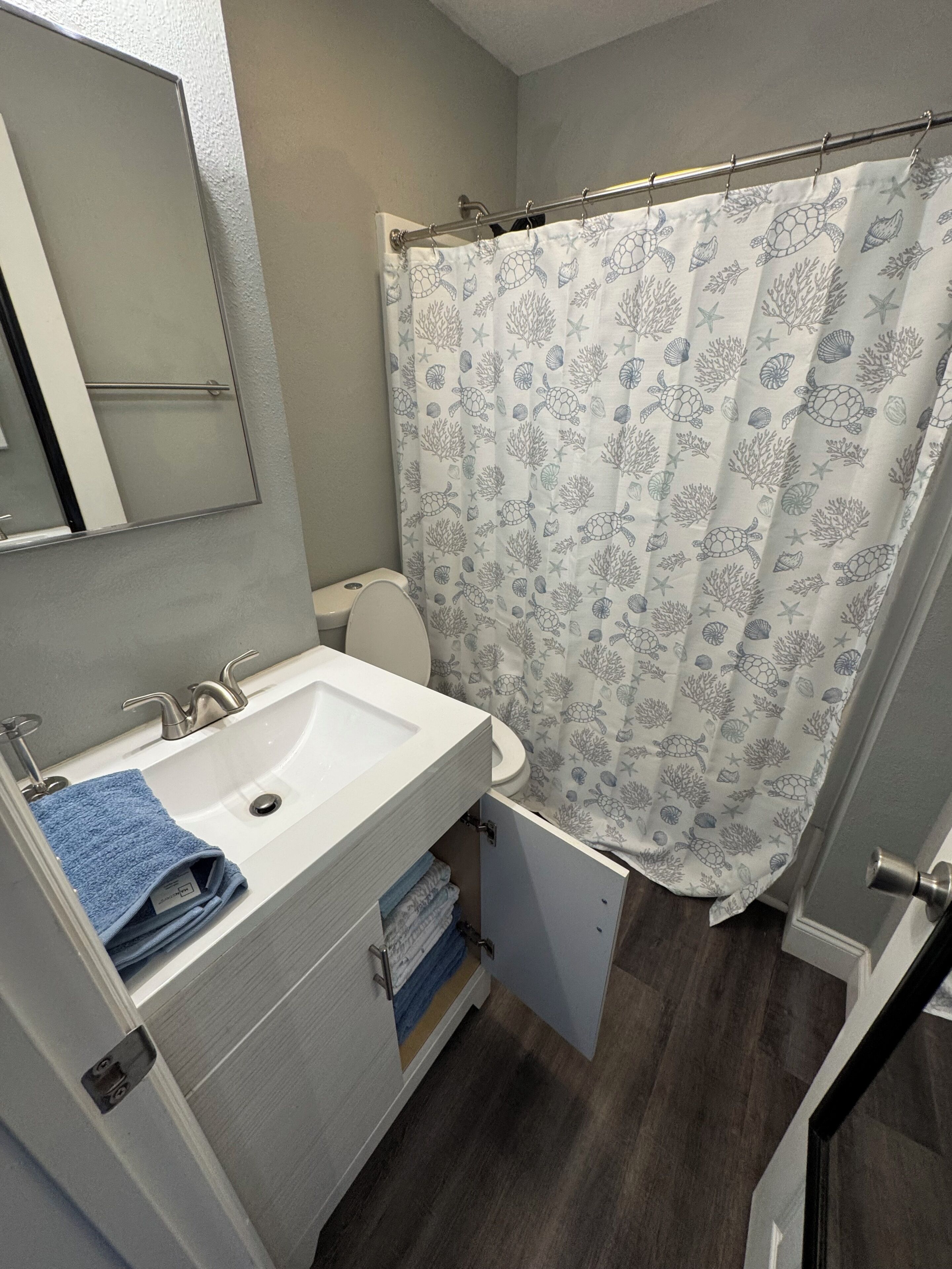 Hair dryer, towels, soap, toilet paper