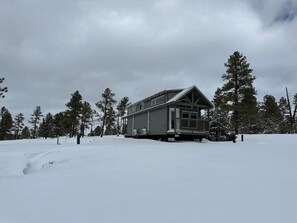 Une cabane dotée d’un balcon, entourée de neige et d’arbres.