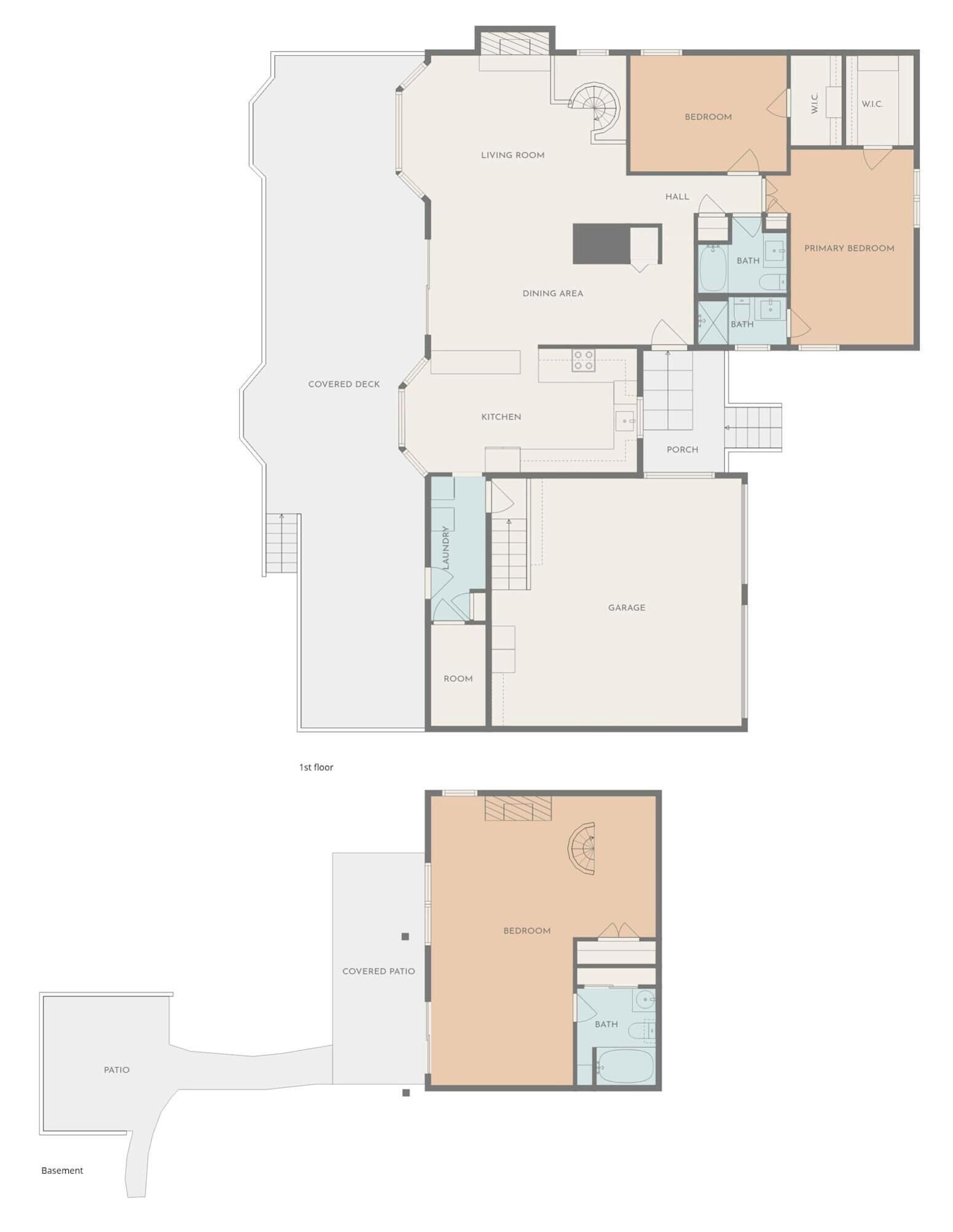 A 1st floor layout with a covered deck, dining area, kitchen, living room, bedrooms, bathroom, and a garage.