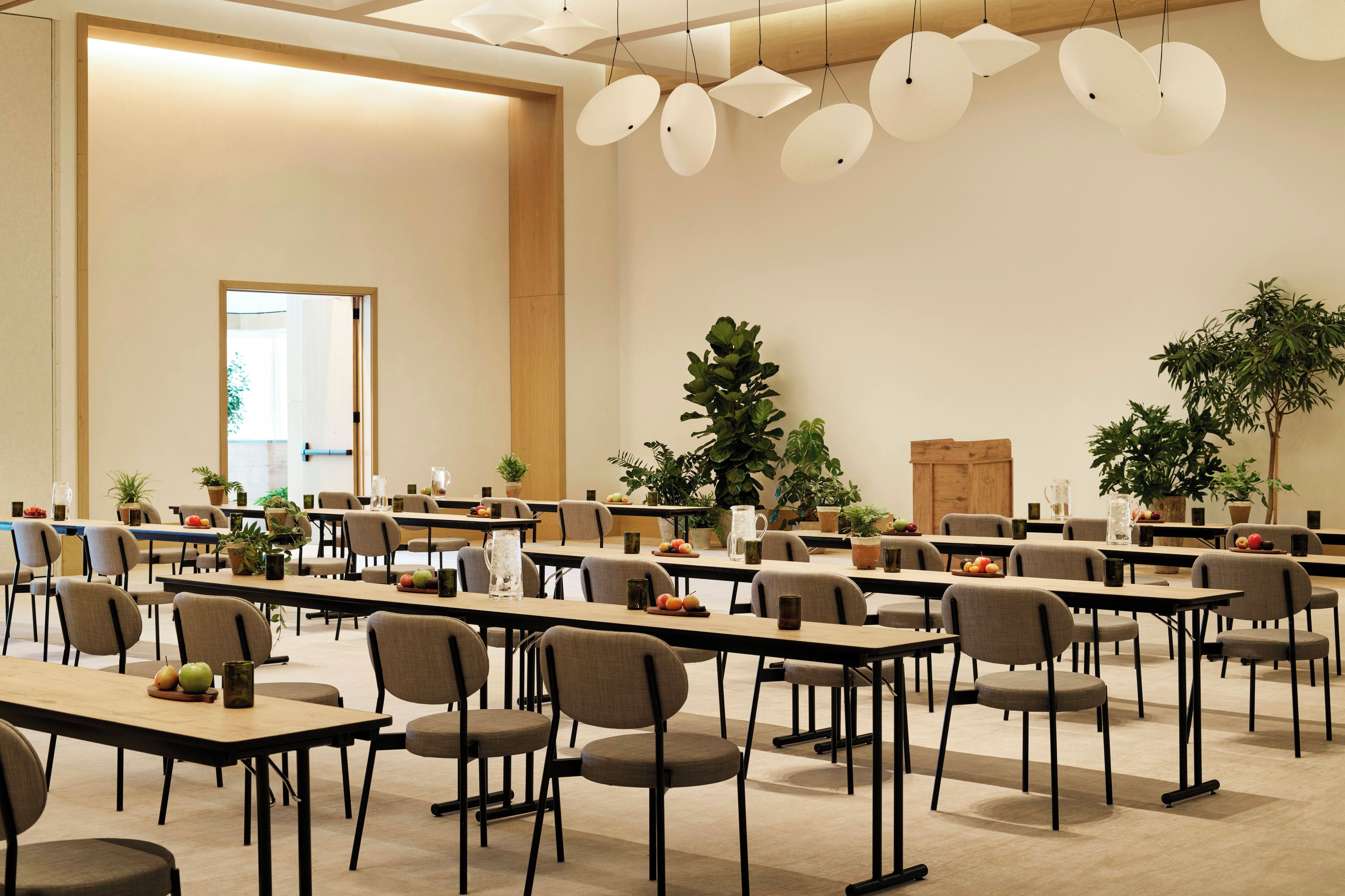 Une salle de conférence équipée de tables, de chaises et de plantes en pot.
