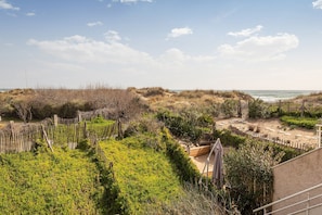 Paesaggio costiero con spiaggia sabbiosa, dune erbose e una recinzione in legno.