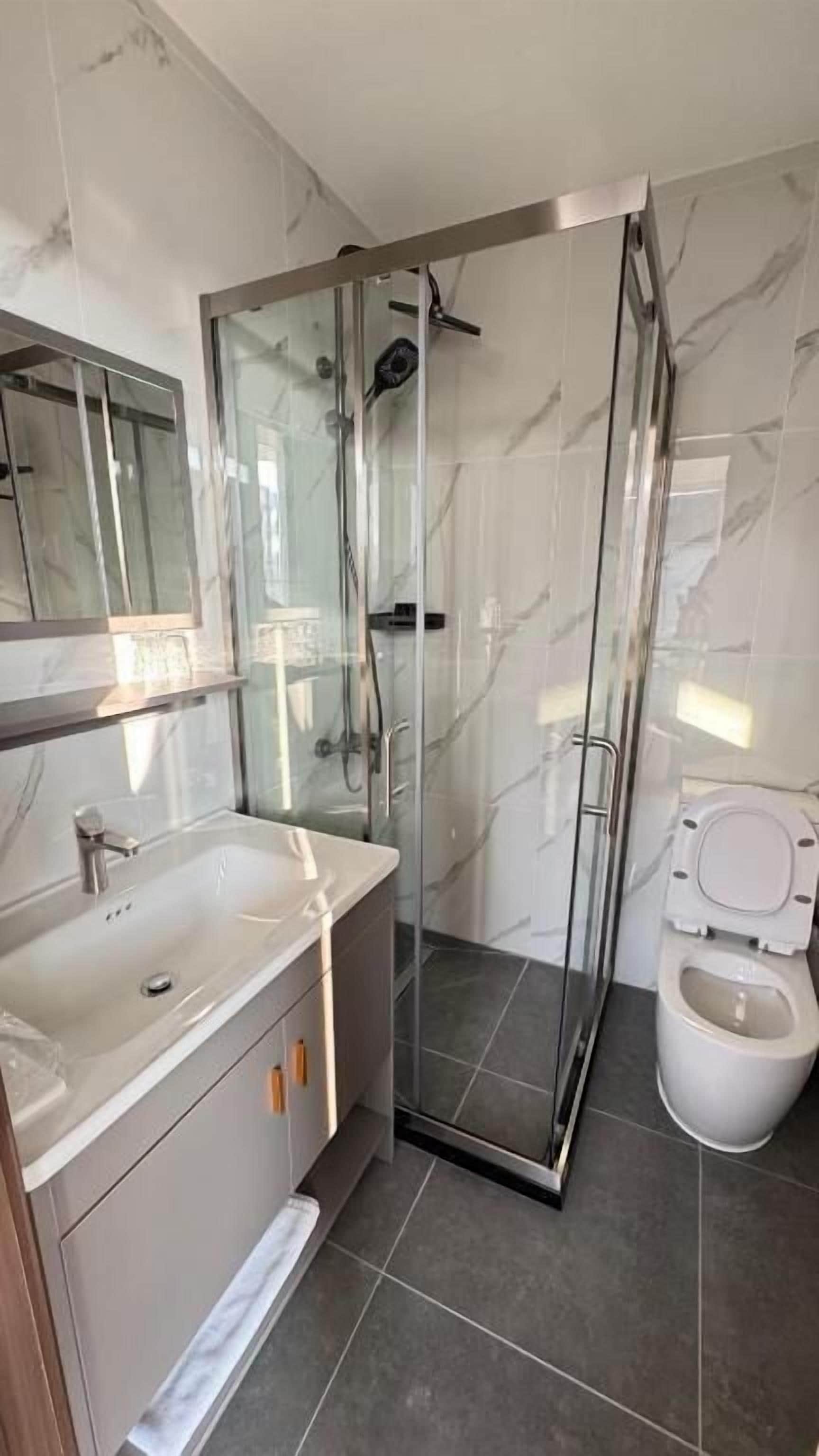 A modern bathroom with a glass-enclosed shower, a white sink, and a toilet.