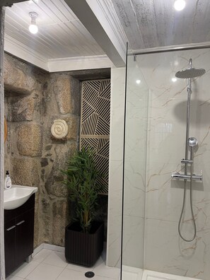 Ein Badezimmer mit Steinwand, einem schwarzen Pflanzgefäß mit Pflanze, einem weißen Waschbecken und einer Duschkabine aus Glas.