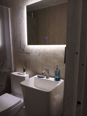 A bathroom with a white sink, a mirror above it, and a toilet. - BEACHSIDE OCEAN PARK TROPICAL GARDEN STUDIO WITH PATIO     High-Speed WiFi (San Juan)