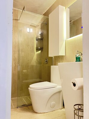 Shower, towels, soap, shampoo - BEACHSIDE OCEAN PARK TROPICAL GARDEN STUDIO WITH PATIO (San Juan)
