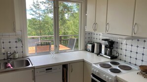 Eine Küche mit Geschirrspüler, Herd und Fenster mit Blick auf eine Terrasse.