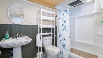 Shower, eco-friendly toiletries, hair dryer, towels