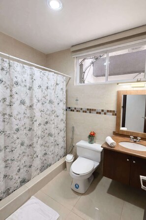 Douche, sèche-cheveux, shampoing