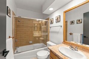 Hair dryer, towels, soap, toilet paper