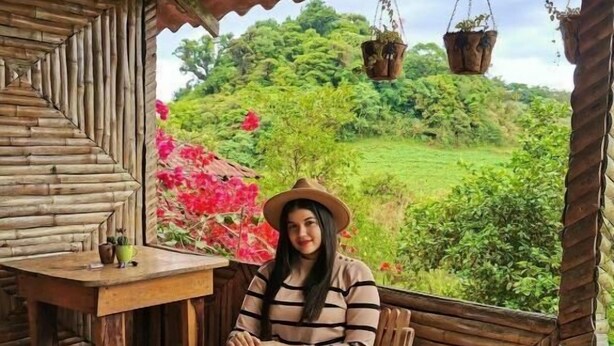 A person seated on a wooden chair in a rustic wooden room with a table and hanging planters.