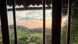 A person reclining with a view of a landscape through a window with multiple panes.