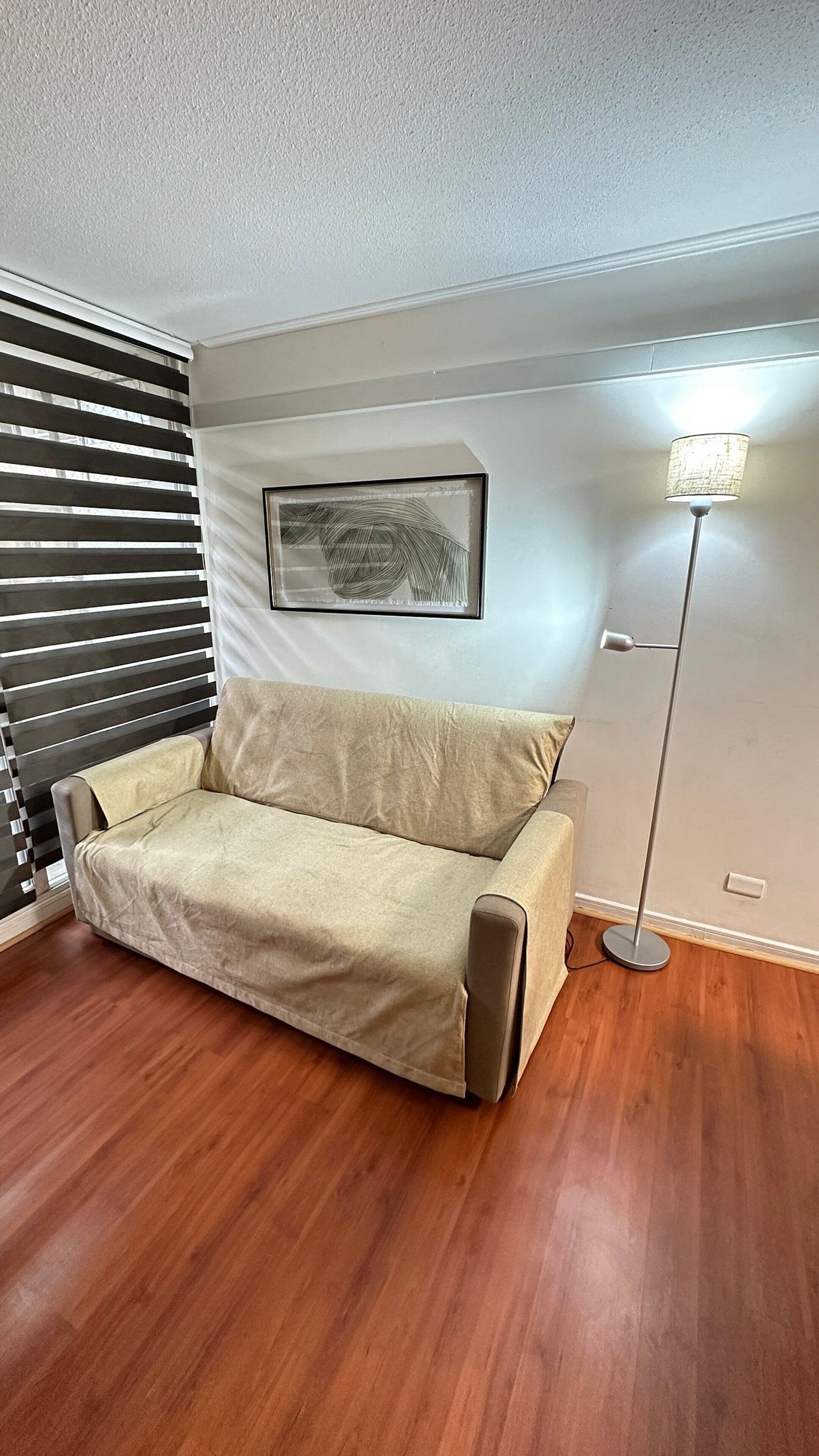 Una habitación con sofá, lámpara de pie, un cuadro en la pared y persianas en la ventana.