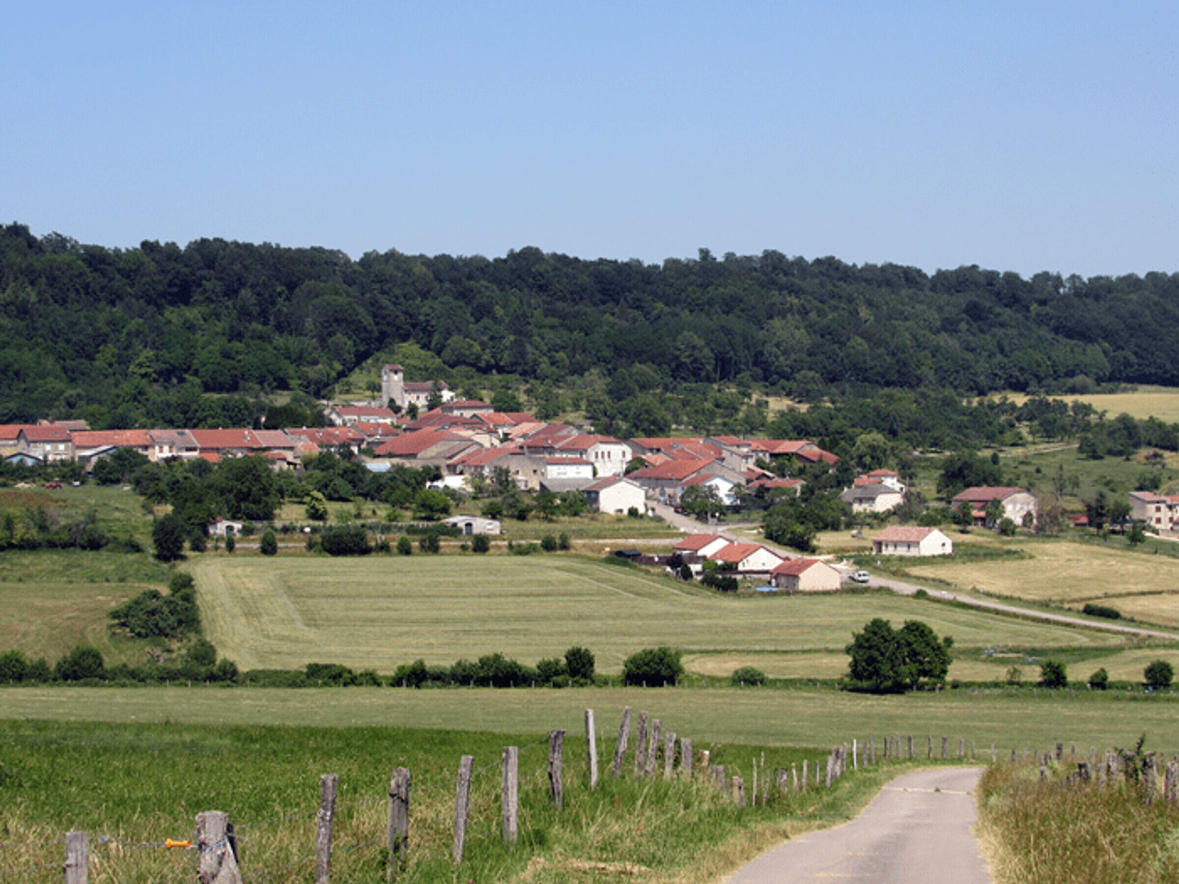 A rural village with houses, a church, and a road.